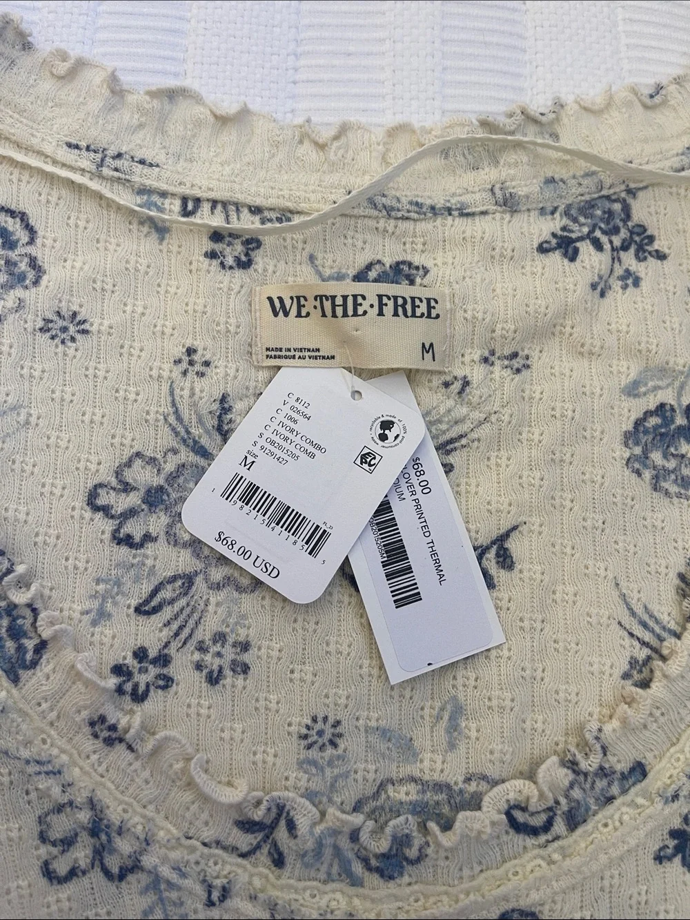 Free People Cream Long Sleeve Floral Print Top with Blue Motif
